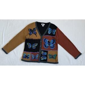 JTWO New York Vintage Embroidered Beaded Butterfly Sweater Cardigan Size Large